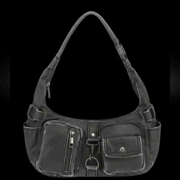 Y2K Dark Grey Faux Leather Grunge Shoulder Bag - Picture 4 of 5